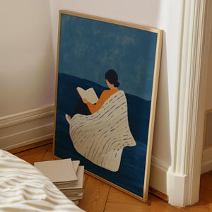 Arte de pared con mujer leyendo en azul marino, impresión abstracta femenina, arte de pared para amantes de los libros, póster de lectura moderno, arte contemporáneo, decoración moderna, arte imprimible