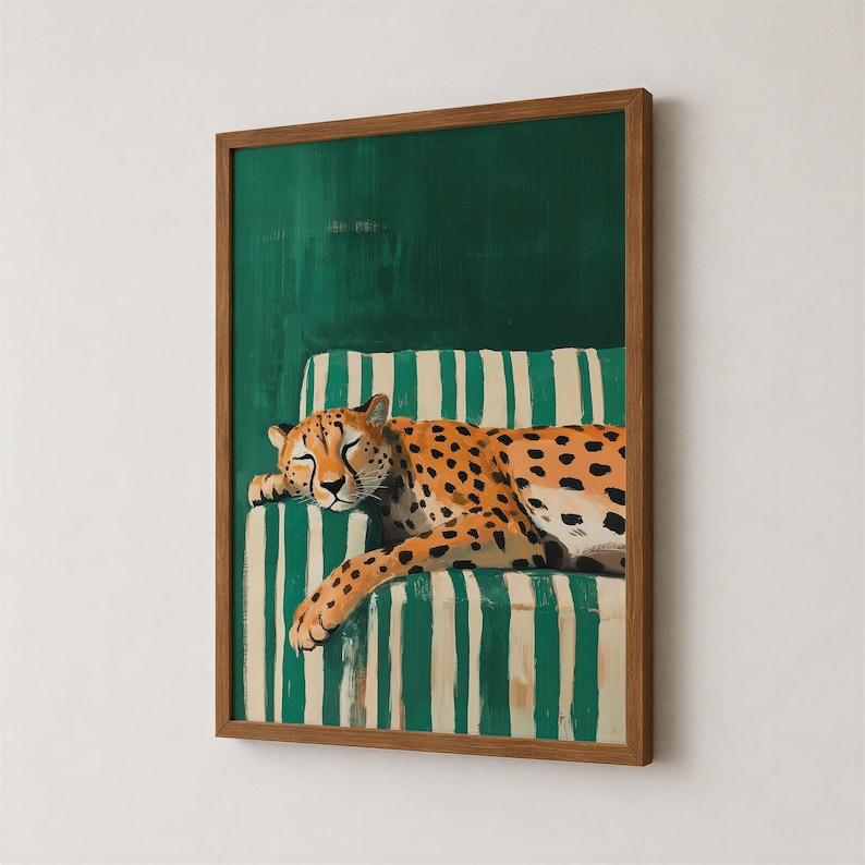 Sleepy Leopard Poster, Emerald Green Print, Contemporary Modern Decor, Maximalist Wall Art, Digital Download image 10