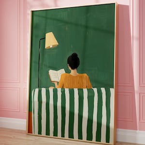 Emerald Green Woman Reading Wall Art Female Abstract Print Book Lover Wall Art Trendy Reading Poster Contemporary Art Modern Decor Printable