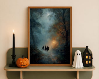 Witches in Dark Forest Wall Art, Witchy Wall Art, Vintage Halloween Wall Art, Spooky Poster, Halloween Dark Academia Decor, Digital Download