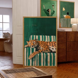 Sleepy Leopard Poster, Emerald Green Print, Contemporary Modern Decor, Maximalist Wall Art, Digital Download image 4