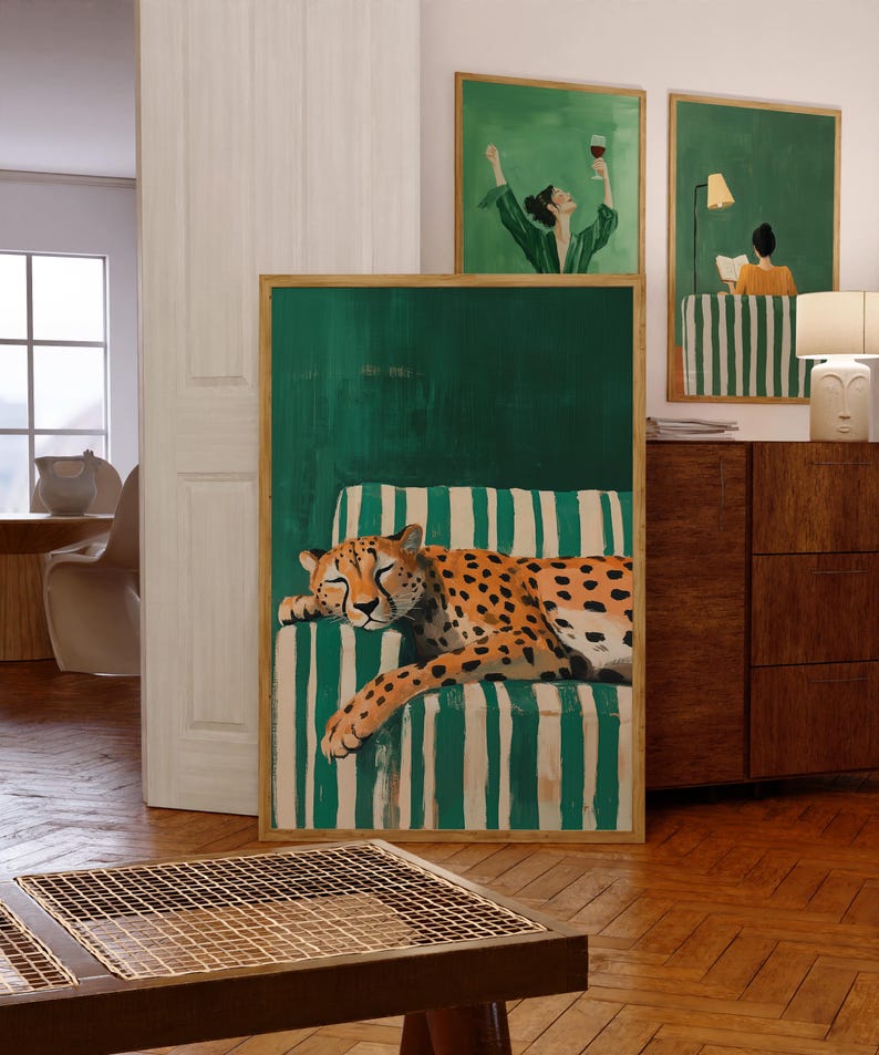 Sleepy Leopard Poster, Emerald Green Print, Contemporary Modern Decor, Maximalist Wall Art, Digital Download image 4