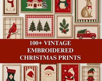 May include: A collection of framed wall art prints featuring embroidered Christmas motifs including a polar bear, a snowy cottage, a penguin, a rabbit, a cardinal, pine trees, a red truck, a stocking, Santa Claus, and an elf with text.