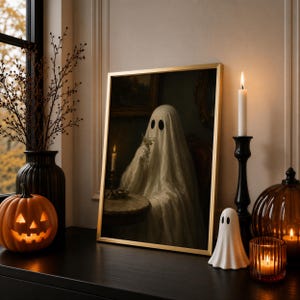 May include: A framed wall art print featuring a ghost draped in a white sheet sitting at a table with a glass, displayed alongside a carved orange jack-o'-lantern, a black vase with bare branches, a white ghost figurine, and lit candles.