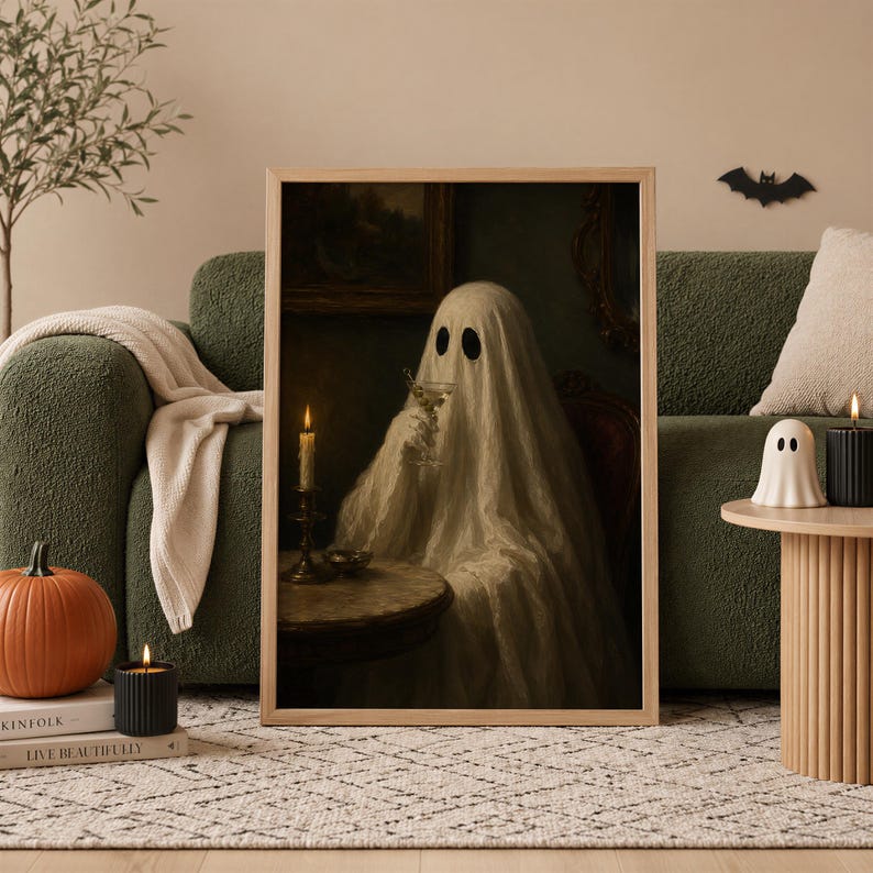 May include: A framed wall art print featuring a ghost draped in a white sheet, sitting at a round table with a lit candle and holding a martini glass. The scene is dark and moody, depicting the figure in a dimly lit room with vintage decor.