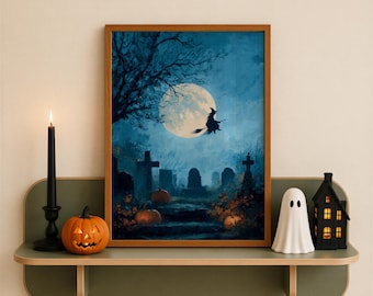 Flying Witch Wall Art, Halloween Decor, Halloween Witch Wall Art, Spooky Autumn Decor, Dark Academia Moody Painting Print, Digital Download