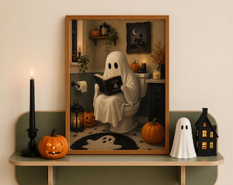 Lámina divertida de fantasma para el baño, arte mural de fantasma en el inodoro, decoración de pared de Halloween para el baño, póster original para el inodoro, arte gótico, descarga digital
