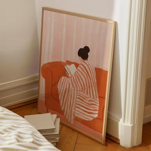 Arte de pared con mujer leyendo, impresión abstracta de mujer, arte de pared para amantes de los libros, póster de lectura moderno, arte contemporáneo, decoración moderna naranja, arte imprimible