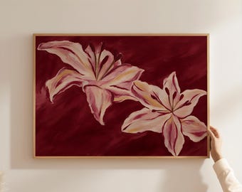 May include: A rectangular wall art piece featuring an oil painting of two large, pale pink lilies with visible brushstrokes. The flowers are set against a deep, solid burgundy background. The artwork is enclosed in a thin, light-toned wooden frame.