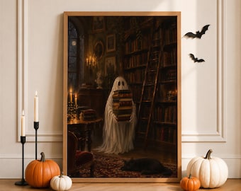 Ghost in Library Print, Vintage Dark Academia Halloween Decor, Bookish Wall Art, Digital Download