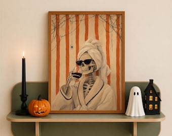 Divertida imagen de esqueleto en toalla, arte mural divertido de Halloween, decoración de baño de Halloween, decoración glamurosa y espeluznante, arte gótico de esqueleto, descarga digital