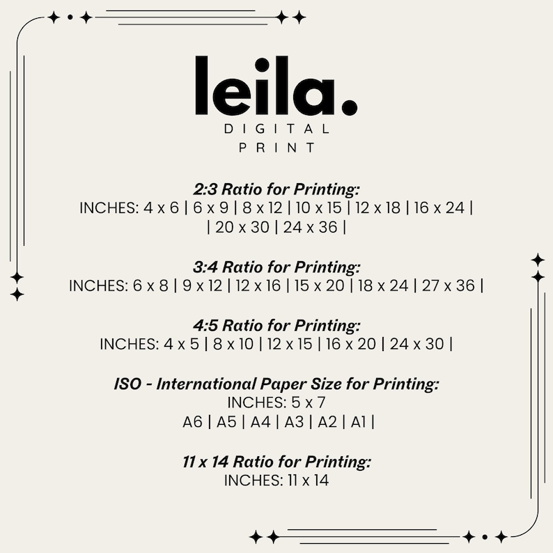 May include: A digital print design with the name "leila." in bold black letters. The image lists various print sizes in inches, including 4x6, 5x7, 8x10, 11x14, and more, for different aspect ratios. The text also includes the words "DIGITAL PRINT."