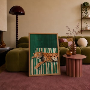 Sleepy Leopard Poster, Emerald Green Print, Contemporary Modern Decor, Maximalist Wall Art, Digital Download image 9