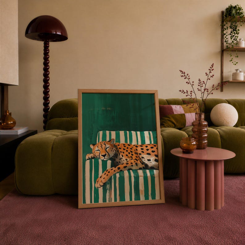 Sleepy Leopard Poster, Emerald Green Print, Contemporary Modern Decor, Maximalist Wall Art, Digital Download image 9