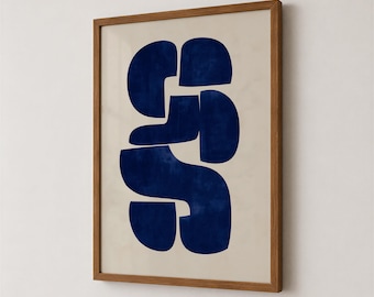 May include: A framed wall art piece featuring a series of dark blue, rounded, abstract shapes arranged vertically on a light beige background. The artwork is enclosed in a simple, medium-toned wooden frame with a clean, rectangular profile.