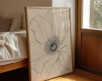 Póster moderno de flores en negro y beige, lámina artística de líneas florales abstractas en tonos neutros, decoración minimalista botánica para pared, descarga digital.