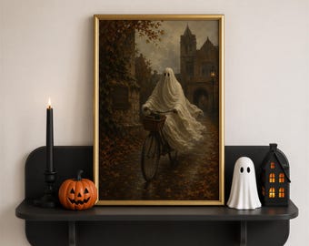 Lámina de fantasma en bicicleta, arte mural de Halloween, lámina de Halloween de estilo Dark Academia, decoración gótica de otoño, póster vintage espeluznante, descarga digital.