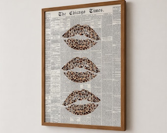 Leopardenlippen-Print, Wandbild im Zeitungsstil, Lippen-Wandbild, Modische Wanddekoration, Verspieltes Maximalisten-Poster, Trendige Raumdekoration, Digitaler Download