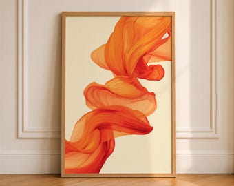May include: A rectangular framed wall art piece featuring an abstract design of flowing, translucent orange and red fabric-like ribbons set against a solid cream-coloured background. The wooden frame has a natural light brown finish.