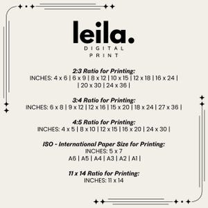 May include: A digital print design with the name "leila." in bold black letters. The image lists various print sizes in inches, including 4x6, 6x9, 8x12, 10x15, 12x18, 16x24, 20x30, 24x36, 6x8, 9x12, 12x16, 15x20, 18x24, 27x36, 4x5, 8x10, 12x15, 16x20, 24x30, 5x7, and 11x14.
