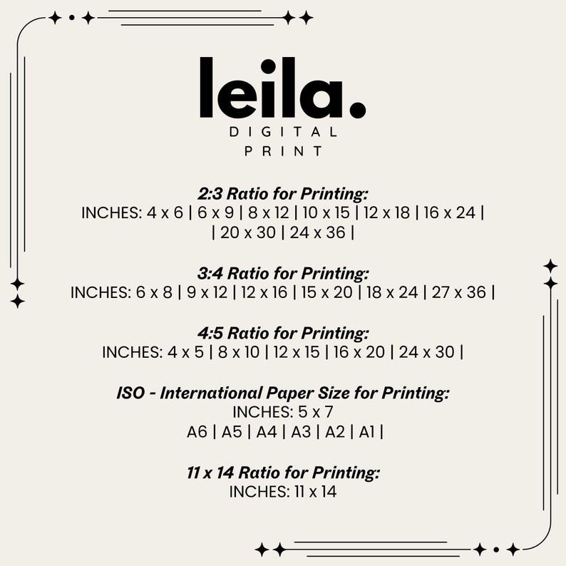 May include: A digital print design with the name "leila." in bold black letters. The image lists various print sizes in inches, including 4x6, 6x9, 8x12, 10x15, 12x18, 16x24, 20x30, 24x36, 6x8, 9x12, 12x16, 15x20, 18x24, 27x36, 4x5, 8x10, 12x15, 16x20, 24x30, 5x7, and 11x14.