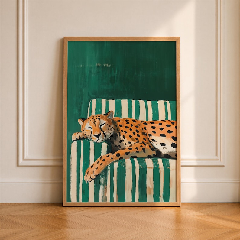 Sleepy Leopard Poster, Emerald Green Print, Contemporary Modern Decor, Maximalist Wall Art, Digital Download image 1