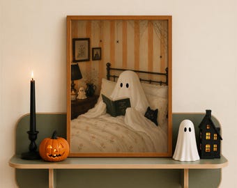 Lindo fantasma leyendo en la pared, lámina para amantes de los libros de Halloween, decoración acogedora y espeluznante para el dormitorio, arte de pared de Halloween, arte imprimible espeluznante y lindo de Halloween