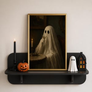 May include: A framed wall art print depicting a ghost draped in a white sheet sitting at a table with a martini glass. The print is displayed on a black shelf alongside a black candle, an orange jack-o'-lantern, a white ghost figurine, and a black house.