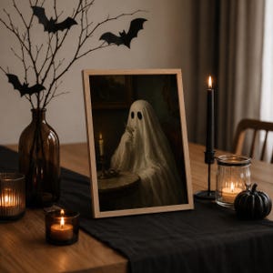 May include: A framed print featuring a white ghost figure draped in a sheet, sitting at a table and holding a glass. The artwork is displayed on a wooden table alongside a brown glass vase with bare branches, black paper bats, and lit candles.