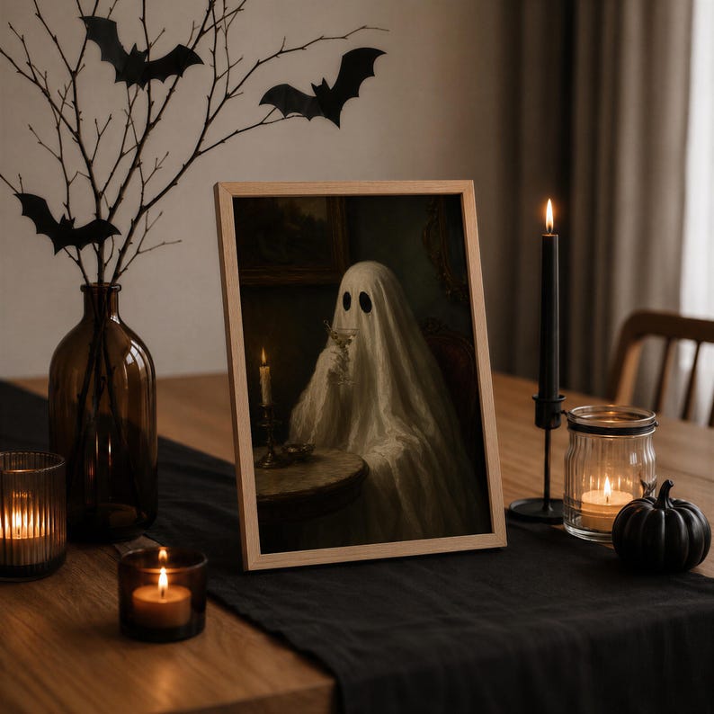 May include: A framed print featuring a white ghost figure draped in a sheet, sitting at a table and holding a glass. The artwork is displayed on a wooden table alongside a brown glass vase with bare branches, black paper bats, and lit candles.