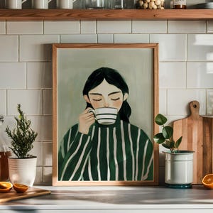 Girl with Coffee Print Emerald Green Abstract People Wall Art Coffee Poster Trendy Contemporary Artwork Stripe Woman Print Digital Download