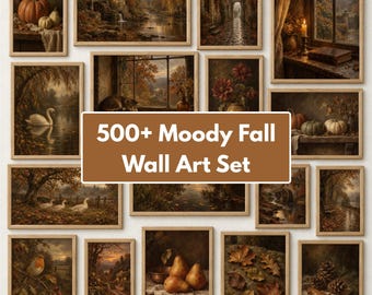 May include: A collection of framed wall art prints featuring moody autumn scenes, including pumpkins, landscapes, a swan, a robin, pears, and fallen leaves. A central text overlay reads 500+ Moody Fall Wall Art Set in white letters.