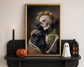 Squelette avec chat noir - Illustration gothique - Peinture vintage - Style dark cadence - Affiche florale - Chat effrayant - Téléchargement numérique