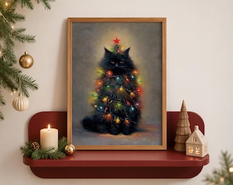 May include: A framed wall art print featuring a fluffy black cat wrapped in colorful Christmas lights, topped with a small red star. The cat sits against a muted gray background, mimicking the shape of a decorated holiday tree.