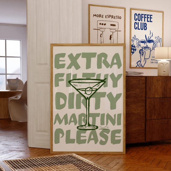 Martini Poster, Extra Dirty Please Martini Wall Art, Retro Cocktail Poster, Bar Cart Art Print, Modern Kitchen Print, Trendy Printable Art
