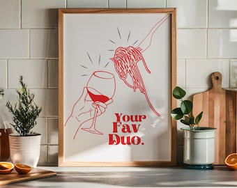 Spaghetti and Wine Food Print, Kitchen  Decor, Pasta Night Poster, Aesthetic Kitchen Wall Art Decor, Trendy Wall Art, Printable Wall Art