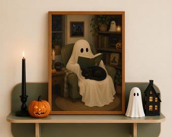 Lámina decorativa de fantasmas leyendo, acogedora lámina de Halloween, decoración gótica para amantes de los libros, póster espeluznante y adorable, arte de fantasmas y gatos negros, descarga digital.