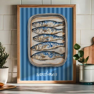Sardinen aus der Dose Malerei Druck, Küchen Poster, Sardinendose Kunst, Retro Fisch Wandkunst Druck, Sardinen Poster, Sea Life druckbare Wandkunst