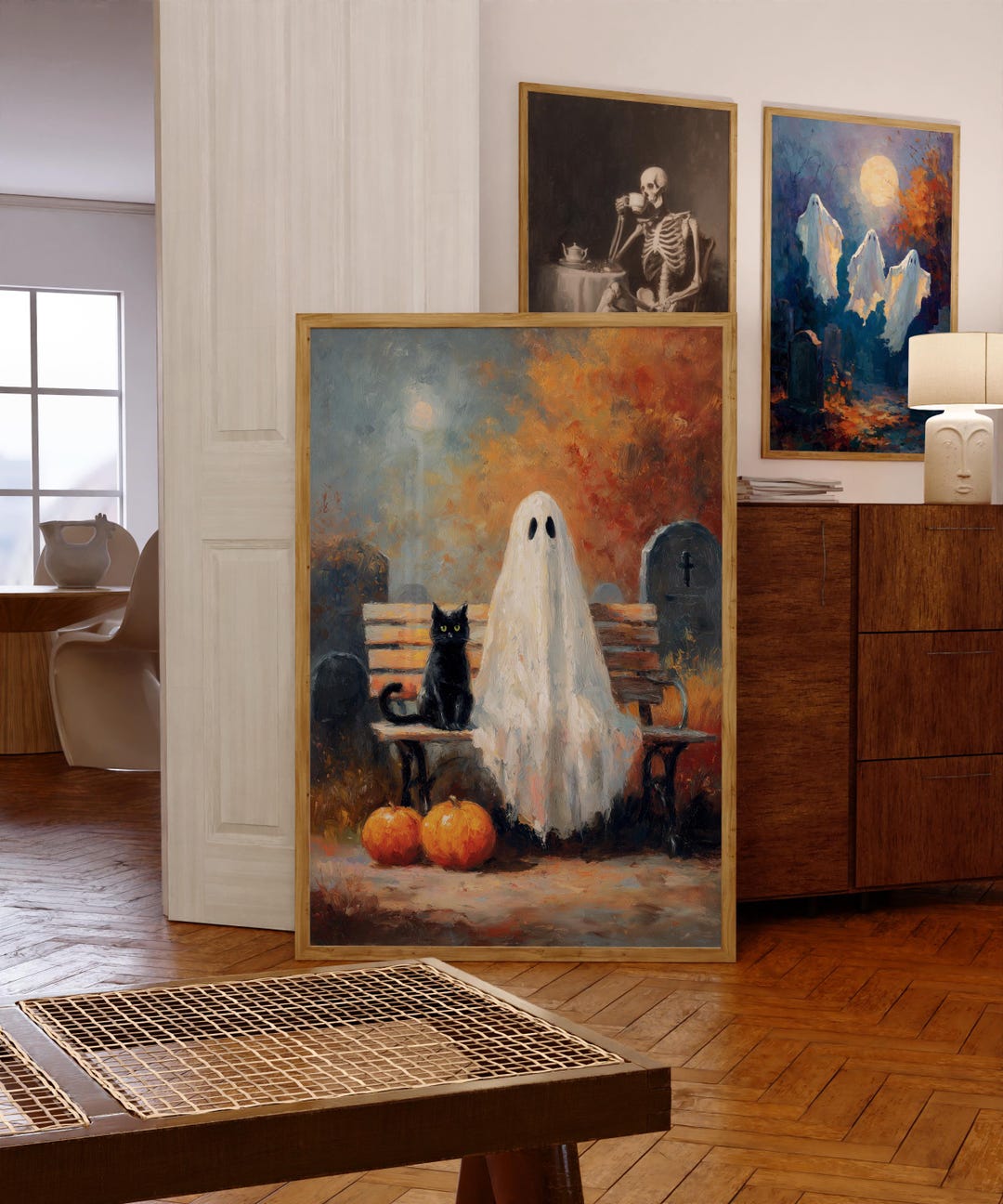 Vintage Halloween Print, Ghost & Black Cat in Cemetery Print, Halloween ...
