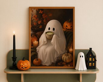 Cozy Ghost Drinking Matcha Wall Art, Halloween Coffee Print, Cute Spooky Decor, Autumn Kitchen Poster, Whimsical Ghost Printable Wall Art
