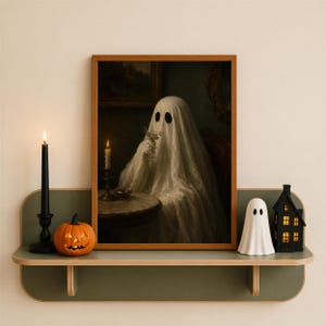 May include: A framed wall art print depicting a ghost draped in a white sheet sitting at a table with a drink, displayed on a green shelf alongside a black candle in a holder, an orange jack-o'-lantern, a white ghost figurine, and a black house.