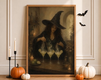 Witch Wall Art, Halloween Margarita Cocktail Print, Vintage Dark Academia Halloween Decor, Digital Download