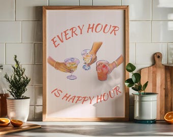 Happy Hour Poster, Bar Cart Wall Decor, Cocktail Bar Art Print, Drinks Wall A Decor, Funky Bar Cart Art, Kitchen Decor, Printable Wall Art