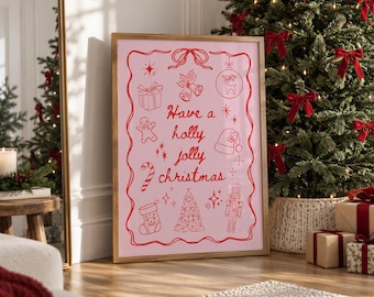 May include: A framed rectangular print with a light pink background and a red wavy border. The text "Have a holly jolly christmas" is centered, surrounded by red line-art illustrations of a gift, bells, ornament, gingerbread man, hat, candy cane, stocking, tree, and nutcracker.
