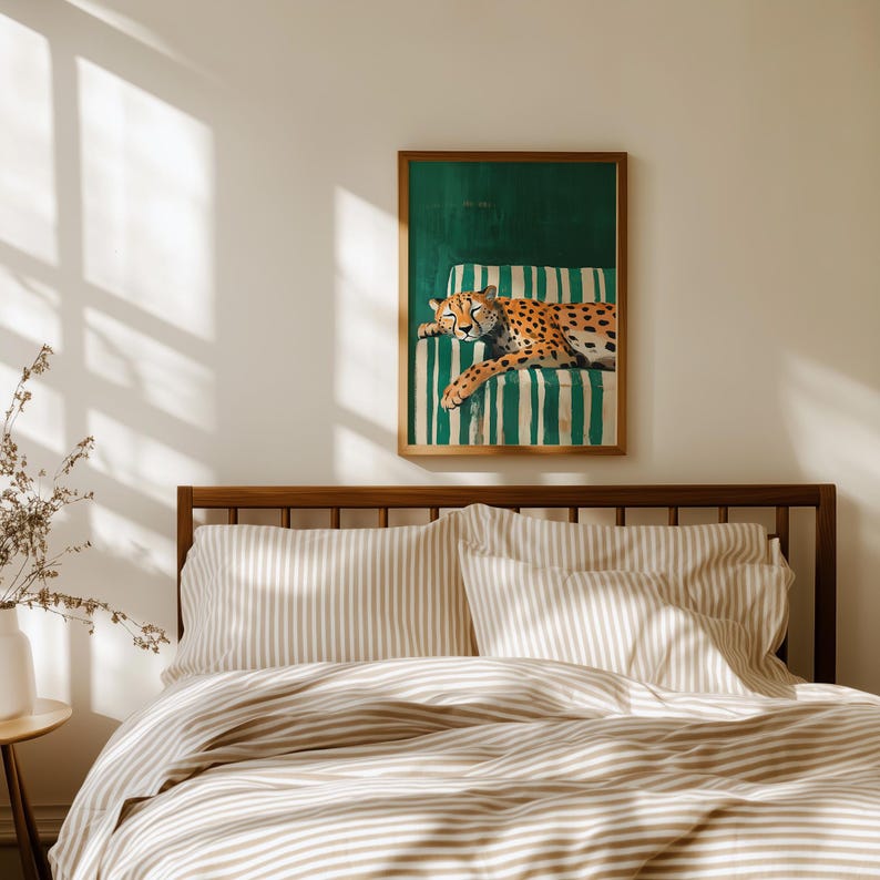 Sleepy Leopard Poster, Emerald Green Print, Contemporary Modern Decor, Maximalist Wall Art, Digital Download image 5