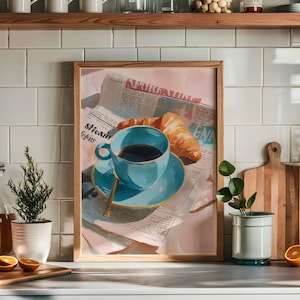 Coffee and Croissant Art Print, French Kitchen Wall Art, Coffee Bar Print, Coffee Poster, Croissant Art, Kitchen Decor, Digital Download