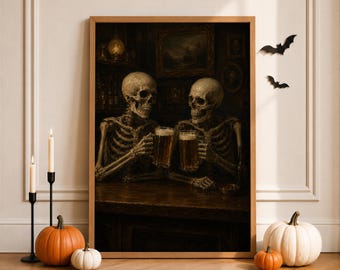 Skeletons Drinking Beer Print, Halloween Bar Cart Decor, Vintage Dark Academia Art, Digital Download