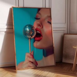 Impresión de bola de discoteca, arte de pared moderno, póster de bola de espejos, decoración de pared retro, decoración retro de los años 70, bola de discoteca de piruleta, decoración de apartamento, arte imprimible