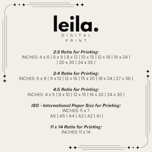 May include: A digital print design featuring the name "leila." in bold black lettering. The image details print sizes in inches, such as 4x6, 6x9, 8x12, 10x15, 12x18, 16x24, 20x30, 24x36, 6x8, 9x12, 12x16, 15x20, 18x24, 27x36, 4x5, 8x10, 12x15, 16x20, 24x30, 5x7, and 11x14.