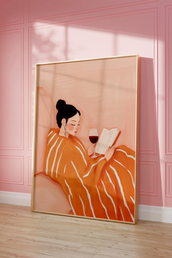 Woman Reading Art Print, Modern Reading Woman Art, Abstract Woman Portrait, Book & Wine Art, Contemporary Style Wall Art, Digital Download